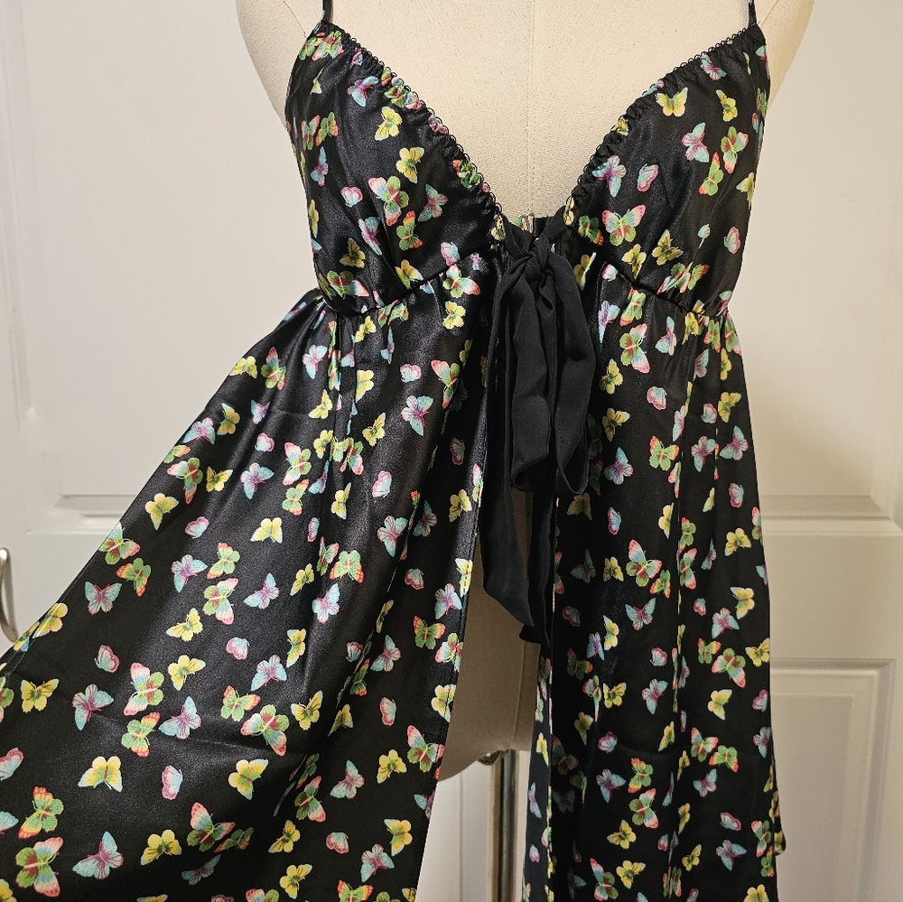 Vintage Victoria's Secret Black Chemise Rainbow Butterfly Print Y2K Bow Front